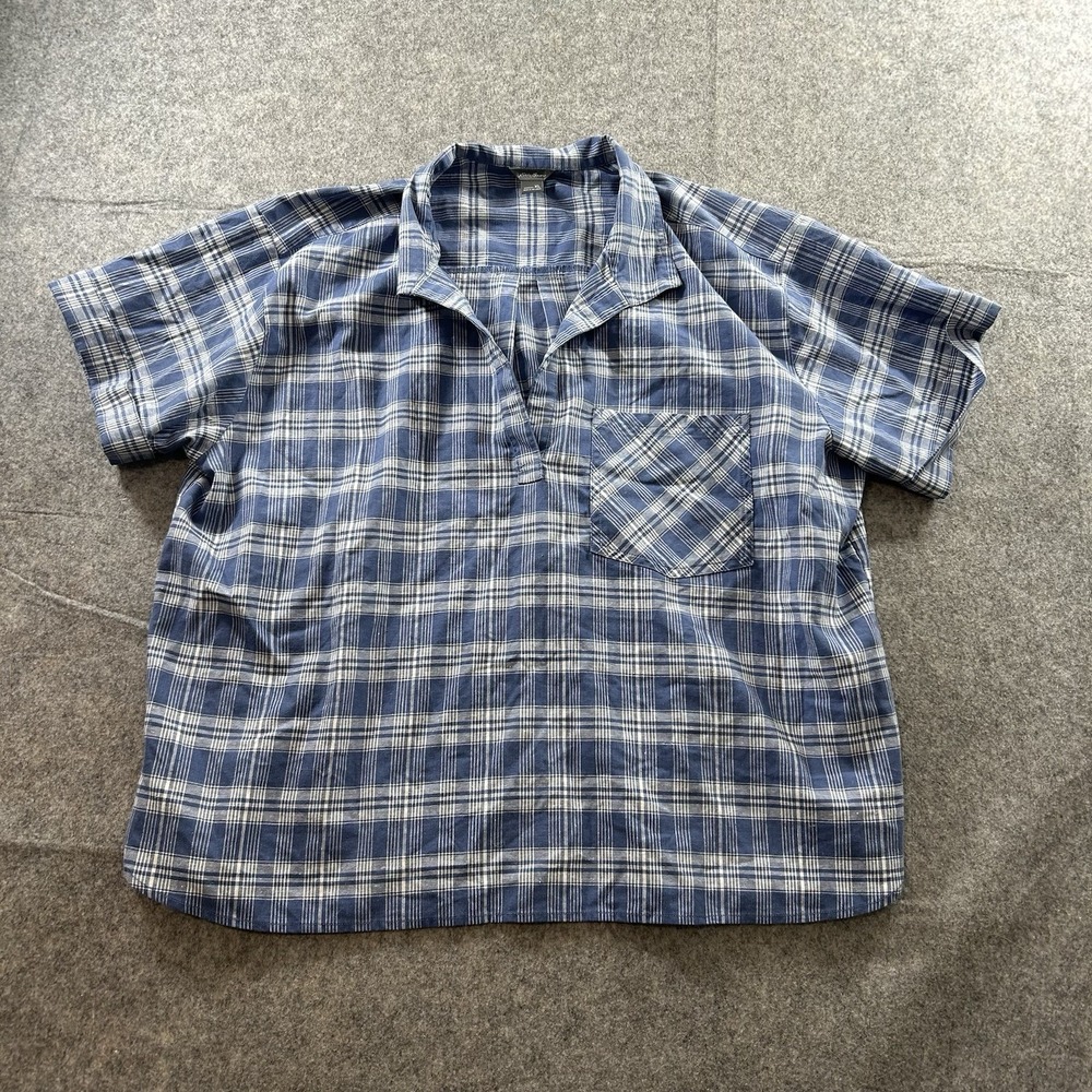 Eddie Bauer Top Womens Large Popover Blue Plaid Hemp Blend Lightweight Outdoor